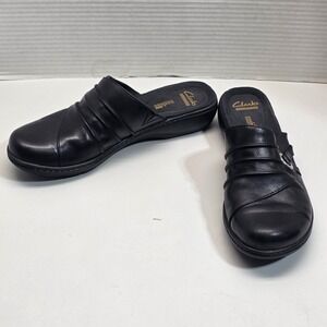 Clarks Collection Cushion Soft Black Leather Pleated Mules Clogs Womens 7 M